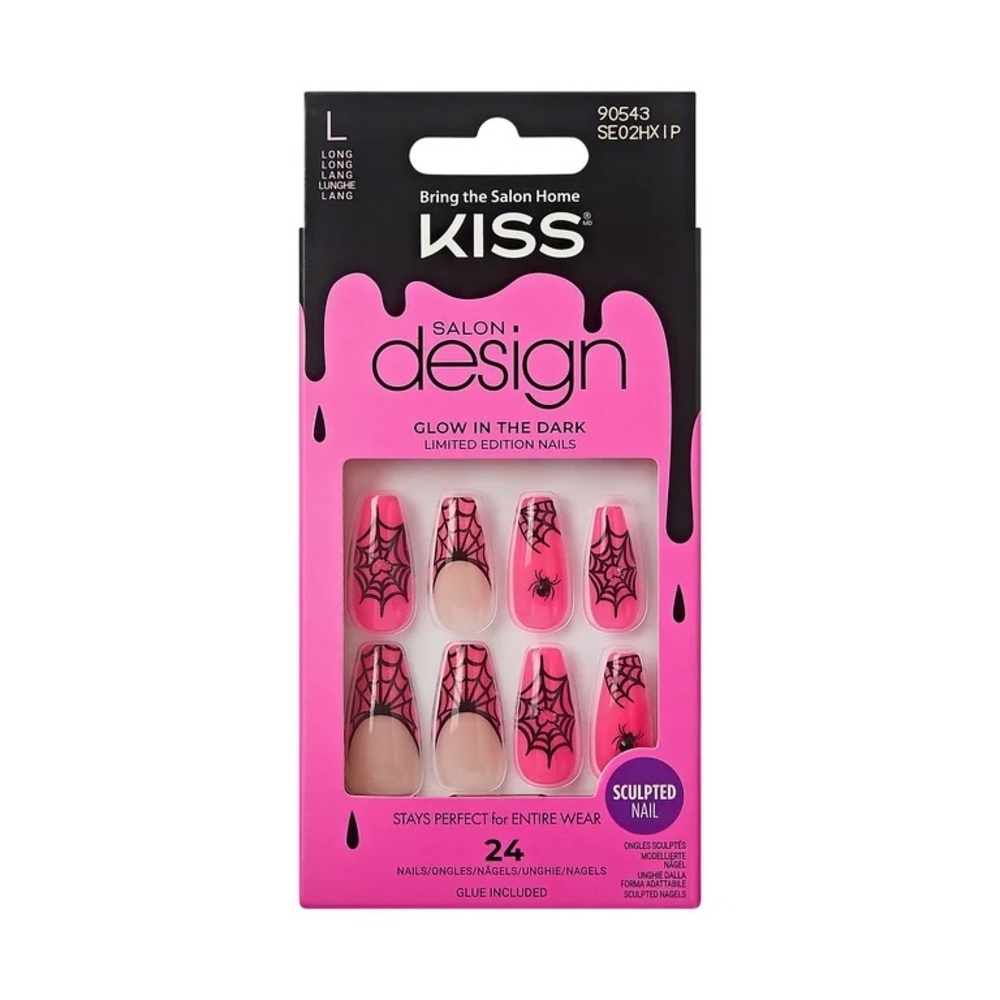KISS nwt Halloween Nails glow in dark Pink Long Length Coffin Shape
